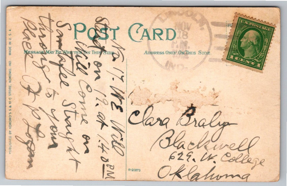 1912 Kokomo Indiana City Park Postcard: Gazebo & Water Lily Pond - Back / Reverse View