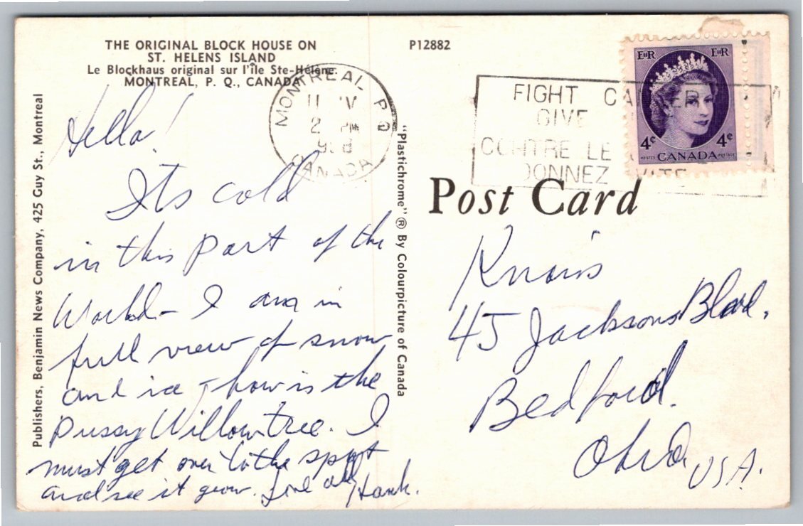 Vintage Postcard: Original Block House, St. Helens Island - Back / Reverse View