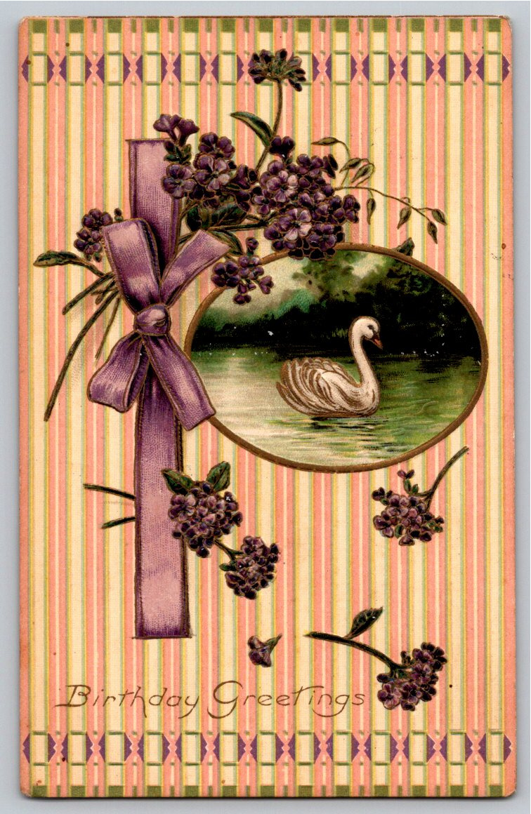 Antique 1900s German Embossed White Swan Lake Birthday Postcard