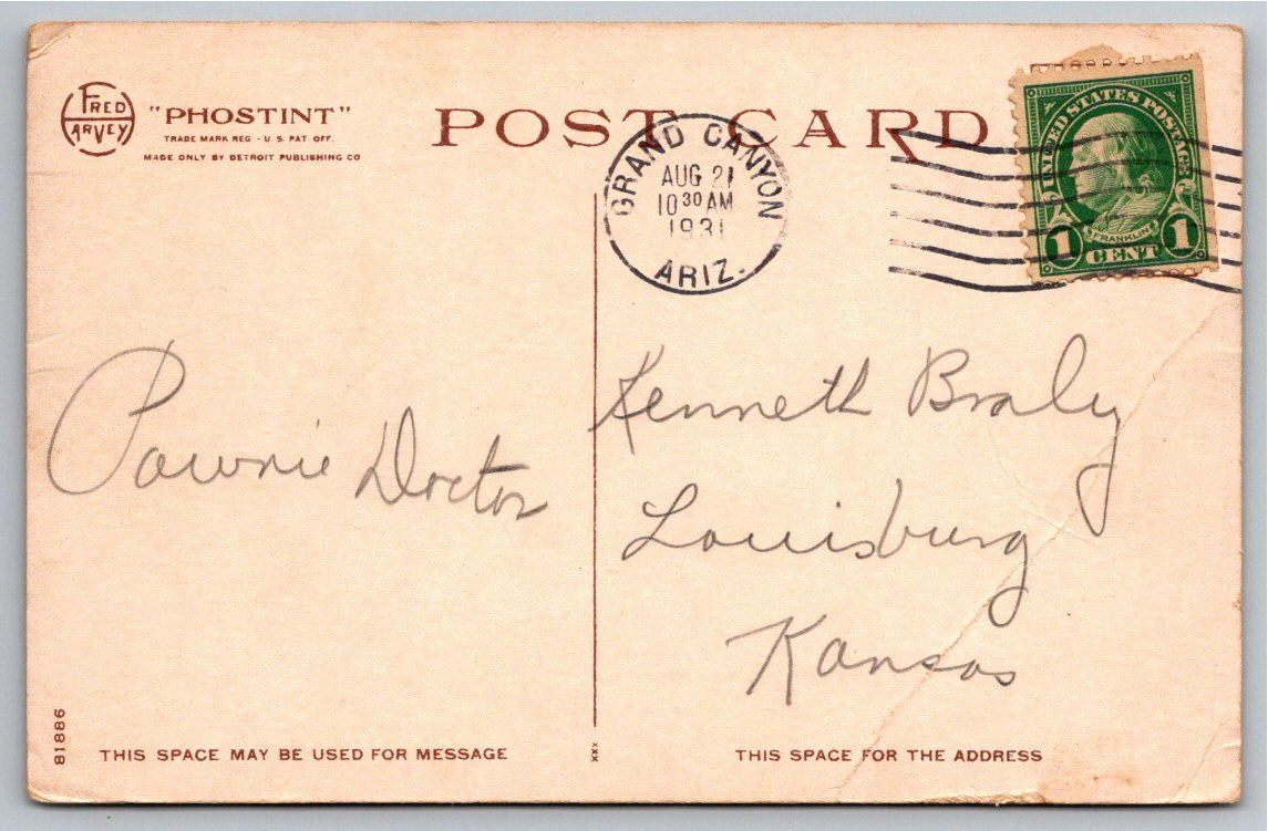 Vintage 1931 Fred Harvey Phostint Postcard: Grand Canyon High - Back / Reverse View