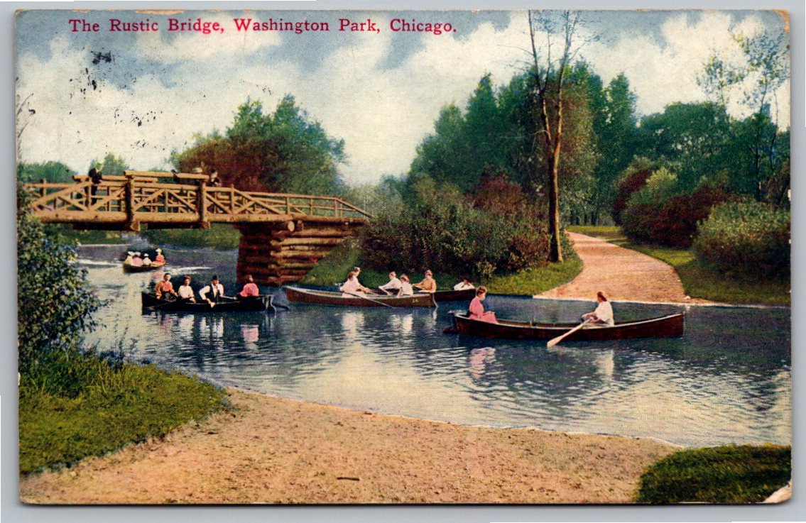 Antique 1910 Washington Park Chicago Postcard: Rustic Bridge &