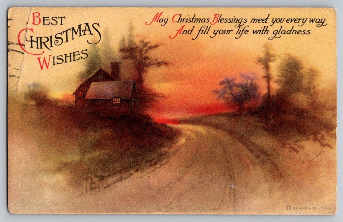 1917 Winter Sunset Cottage Christmas Postcard by Ellen Clapsaddle