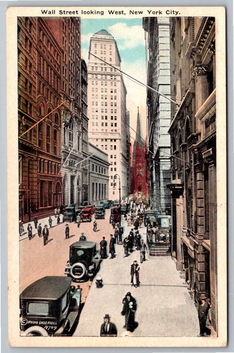 1920s Wall Street & Trinity Church NYC Postcard by Irving