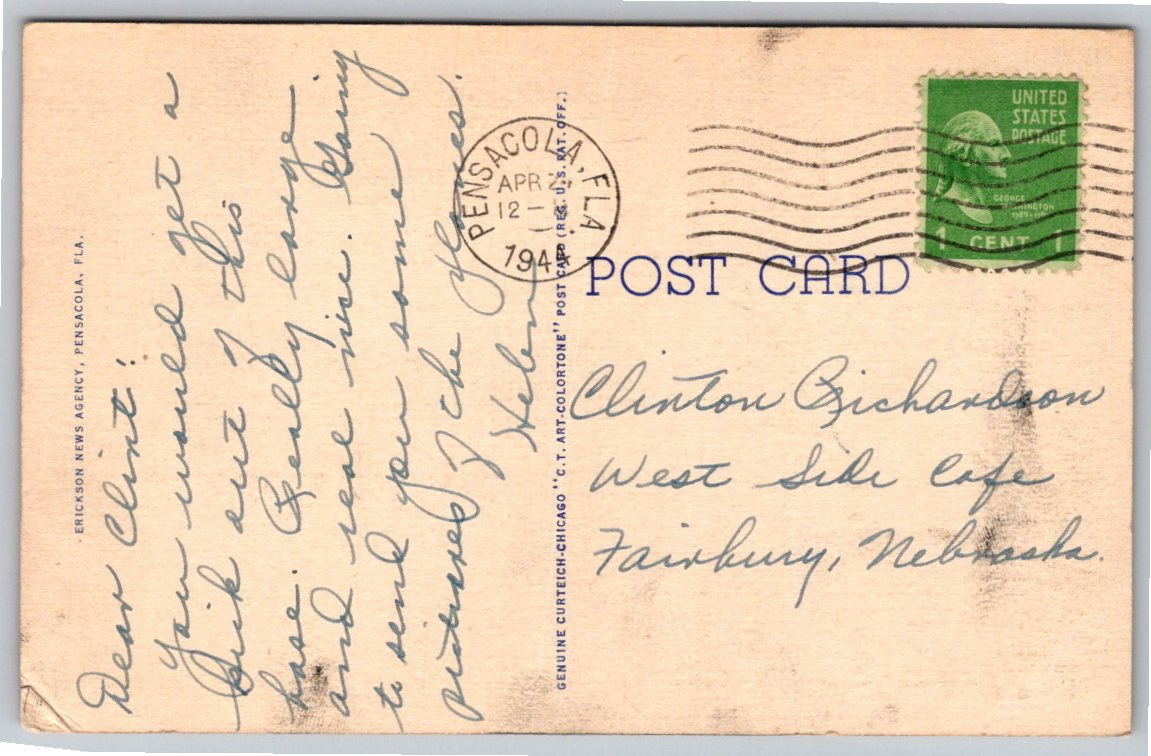 Vintage 1941 Pensacola Naval Air Training Center Main Gate - Back / Reverse View