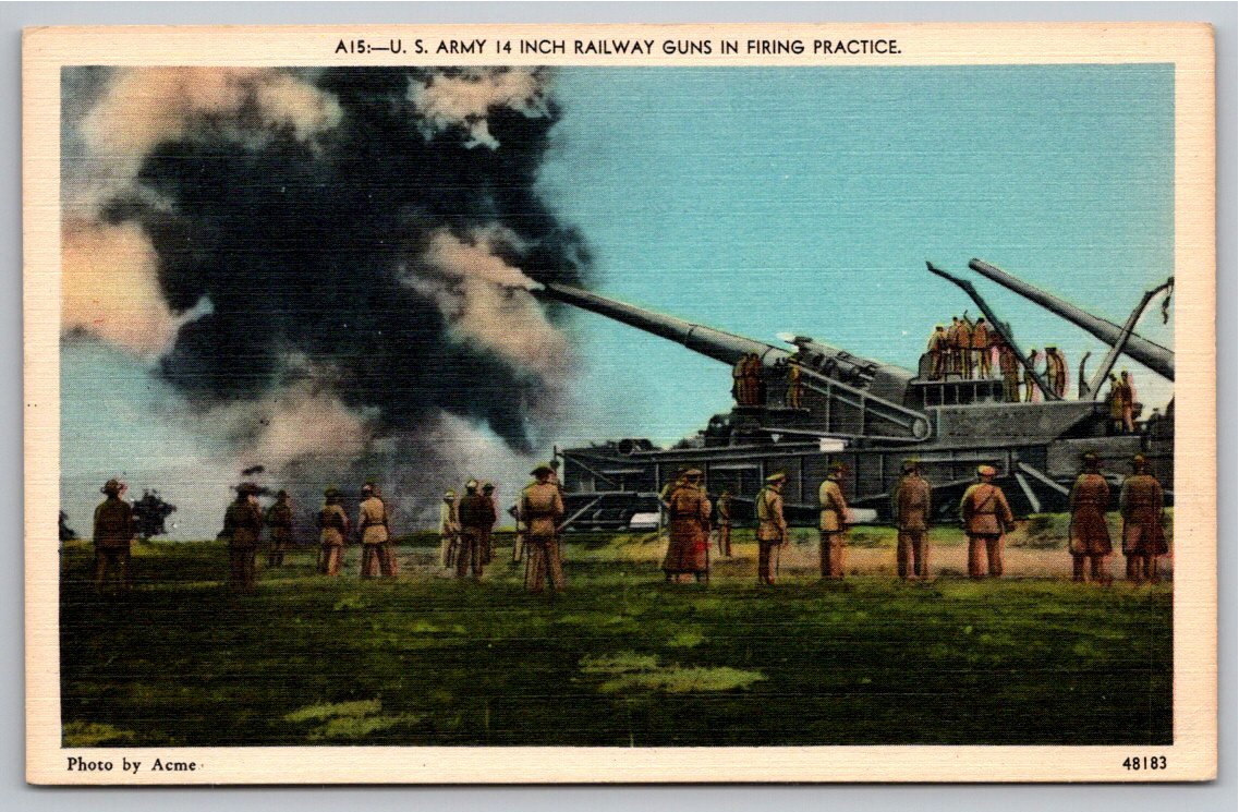 Vintage US Army 14-Inch Railway Gun Firing Practice Linen