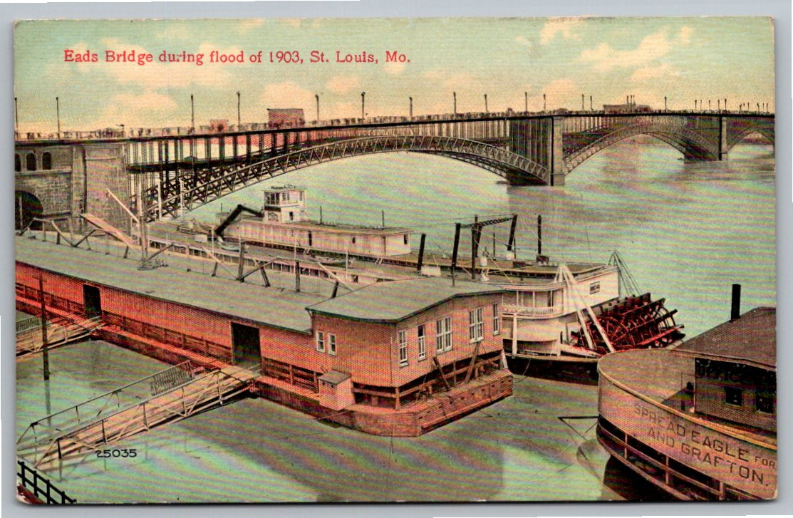 1903 St. Louis Flood & Steamboat Eads Bridge Antique Postcard