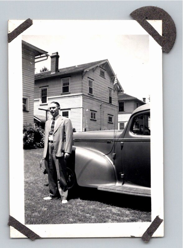1940s South Bend Indiana Snapshot: Dapper Man & Vintage Car Flag
