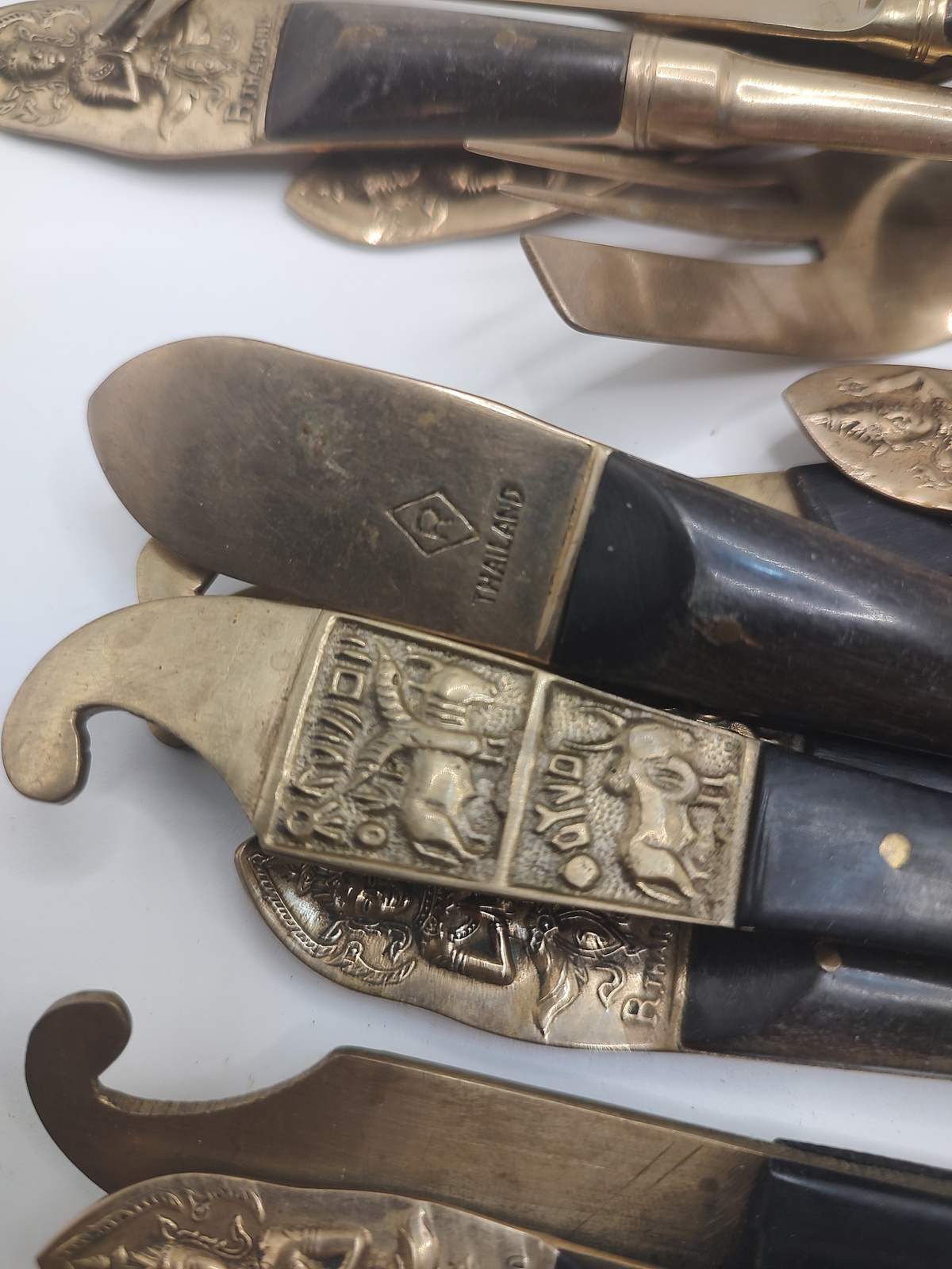 Vintage Thai Brass Cutlery Set: Mid-Century Siam Goddess Flatware - Angle / View 2