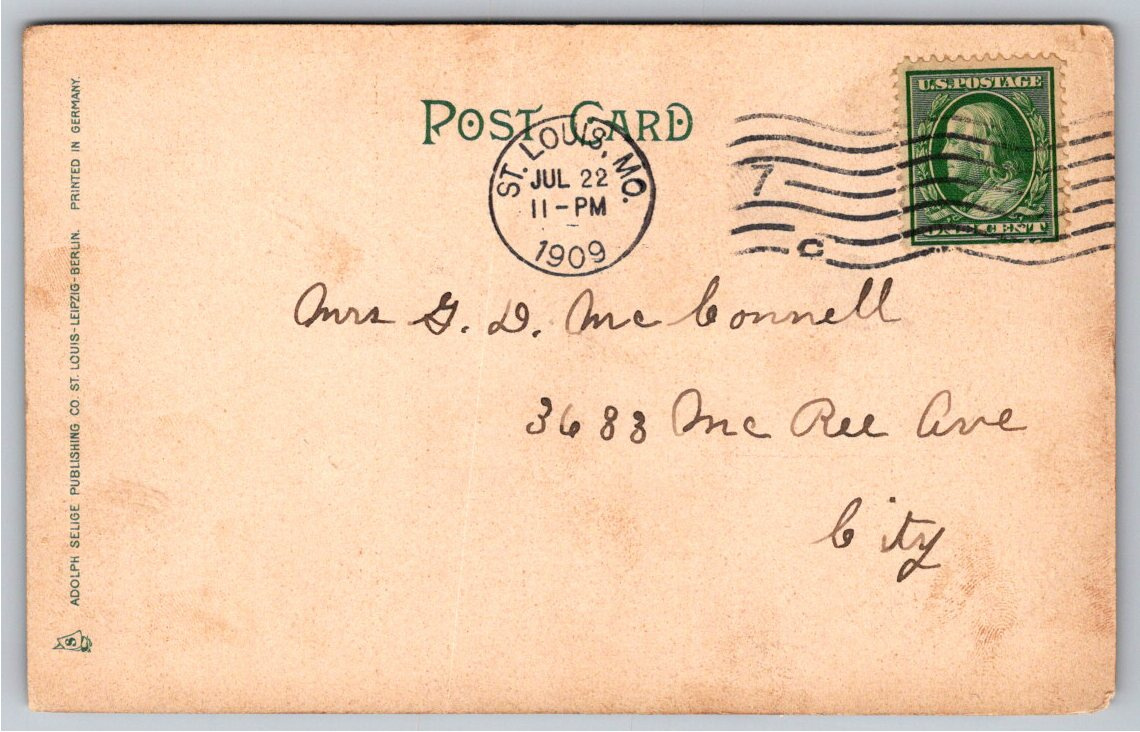 1909 St. Louis Washington Ave & Boatmens Bank German Litho - Back / Reverse View