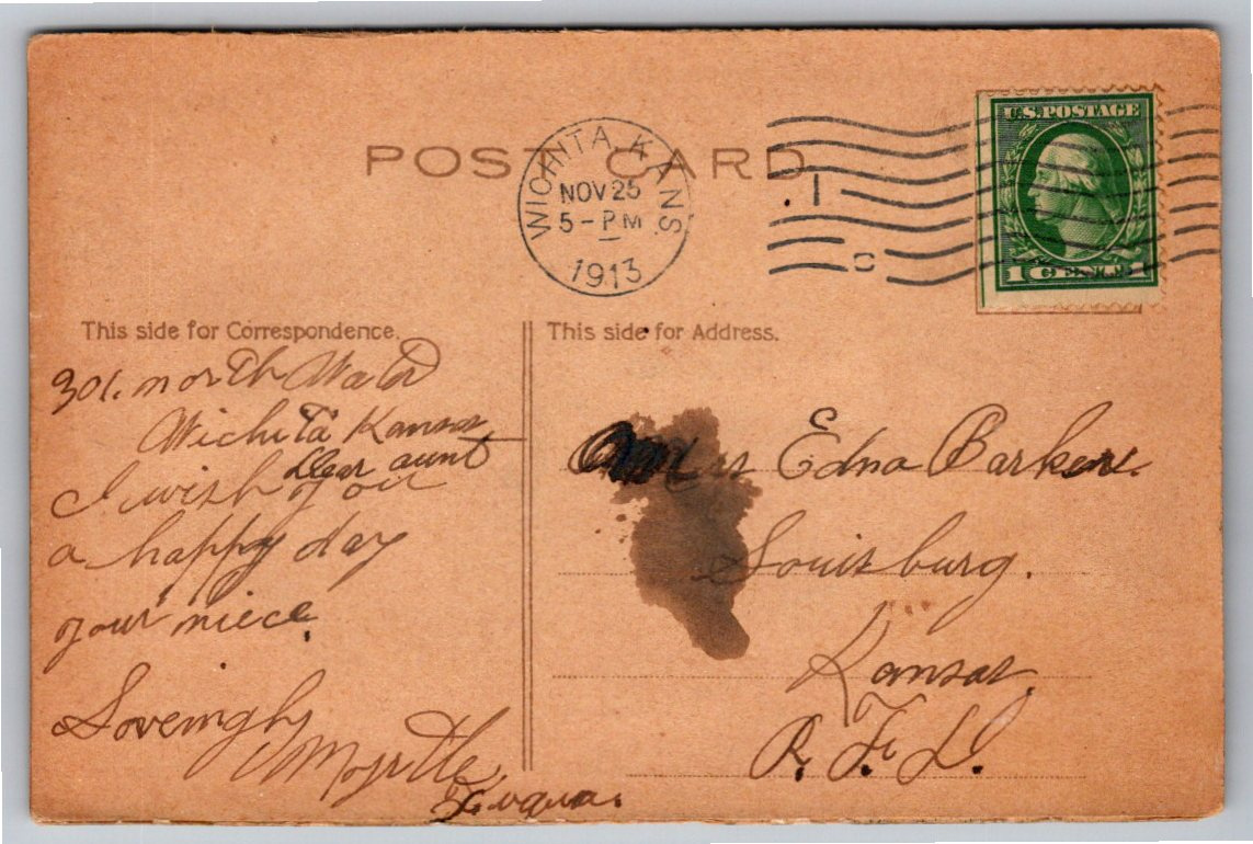 Vintage 1913 Embossed Turkey Thanksgiving Postcard from Wichita - Back / Reverse View