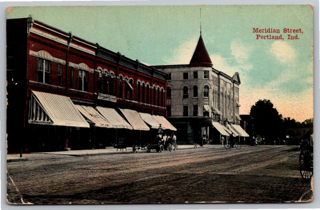 Vintage 1900s Meridian Street Storefronts Postcard Portland IN