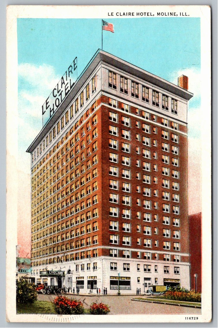 1920s Le Claire Hotel Moline, Illinois Vintage Postcard