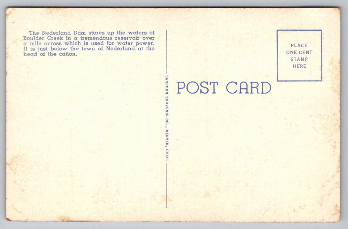 Vintage 1930s Nederland Dam Lake Boulder Canyon Colorado Postcard - Back / Reverse View