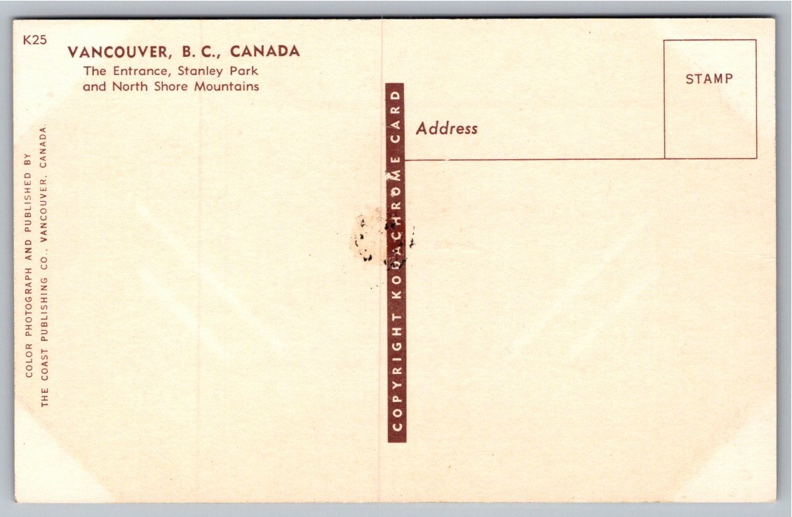Vintage Vancouver Postcard: Stanley Park Entrance & North Shore - Back / Reverse View