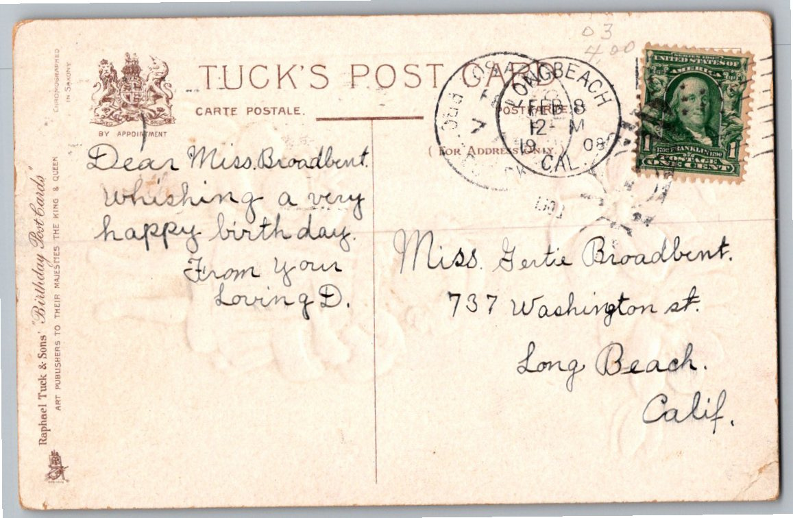 Antique 1908 Tuck Birthday Postcard: Pink Flowers & Long Beach CA - Back / Reverse View