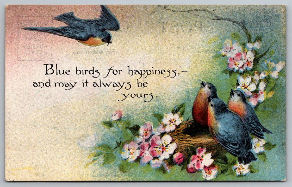 Early 1900s Antique Bluebirds of Happiness & Apple Blossoms