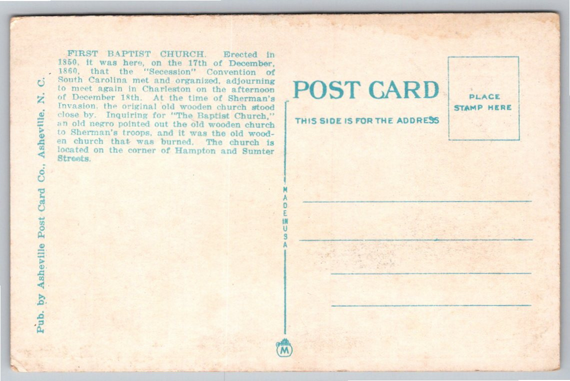 1930s First Baptist Church Columbia SC Secession Site Linen - Back / Reverse View
