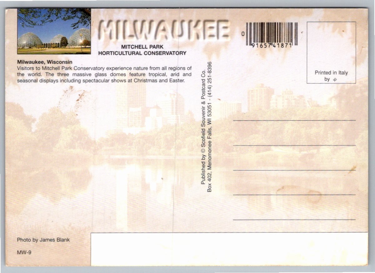 Vintage Milwaukee Mitchell Park Domes Postcard by James Blank - Back / Reverse View
