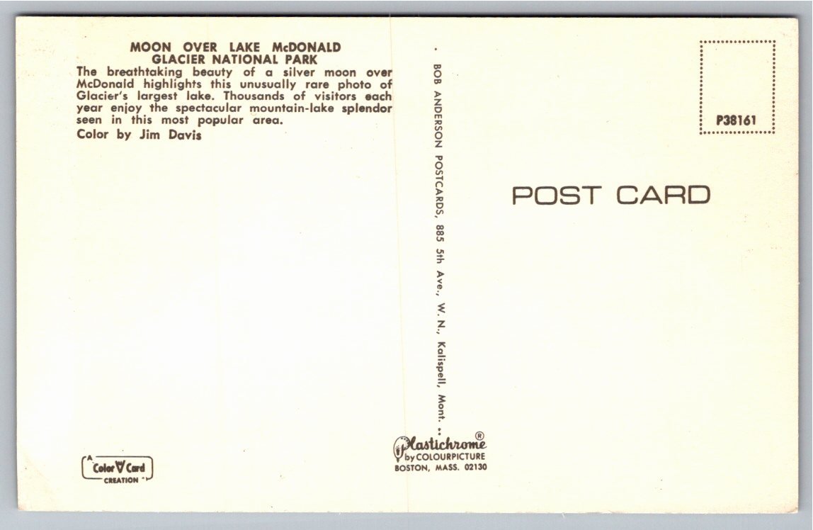 Moon Over Lake McDonald Vintage Glacier National Park Postcard - Back / Reverse View