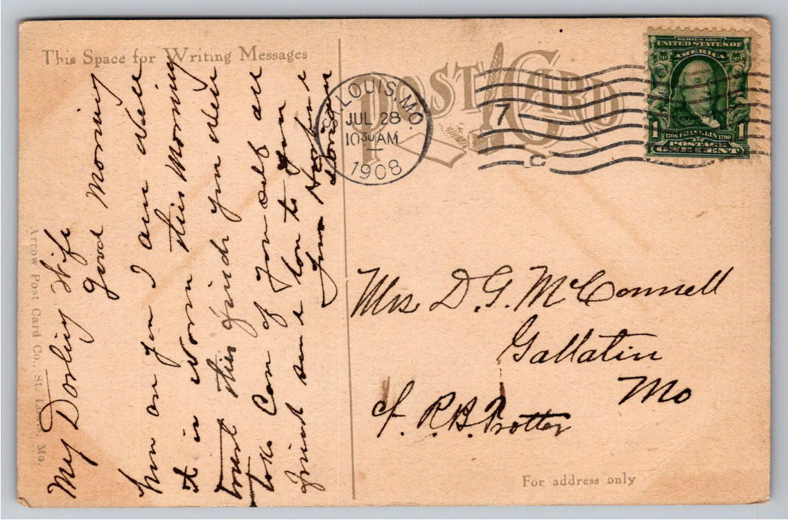 Antique 1908 St. Louis Postcard: Westminster Place & Carriage - Back / Reverse View