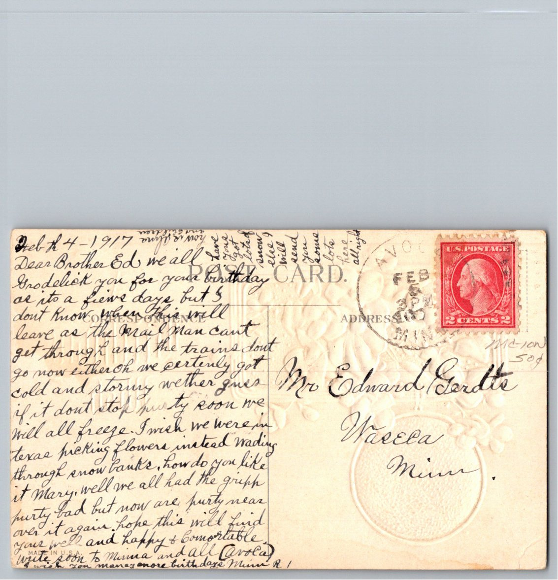Antique 1917 Embossed Pink Floral & Cottage Birthday Wish - Back / Reverse View