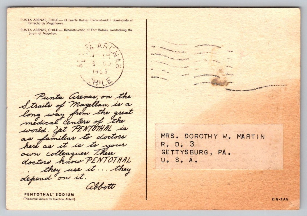 1963 Fort Bulnes Punta Arenas Chile Abbott Pentothal Postcard - Back / Reverse View