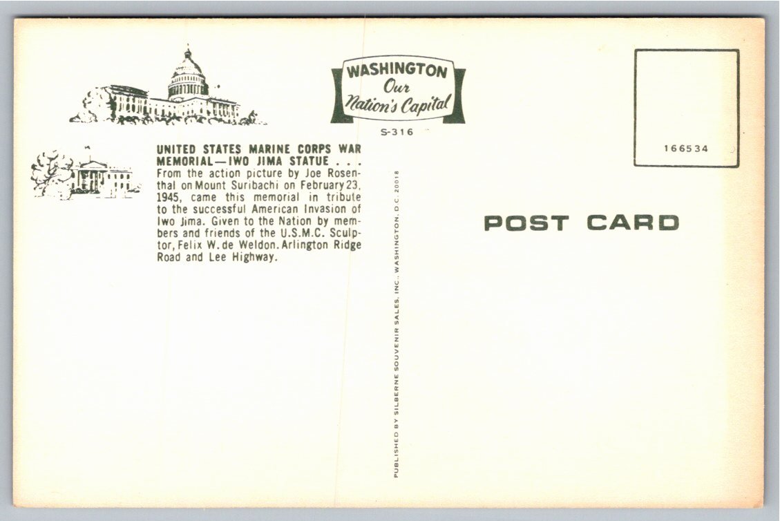 Vintage USMC War Memorial Postcard: Iwo Jima Statue, Washington - Back / Reverse View