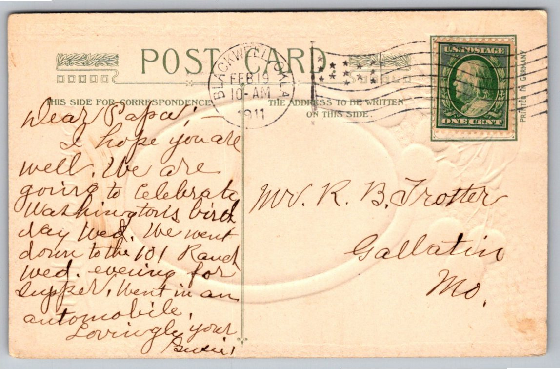1911 George Washington Birthday Embossed Postcard Blackwell - Back / Reverse View