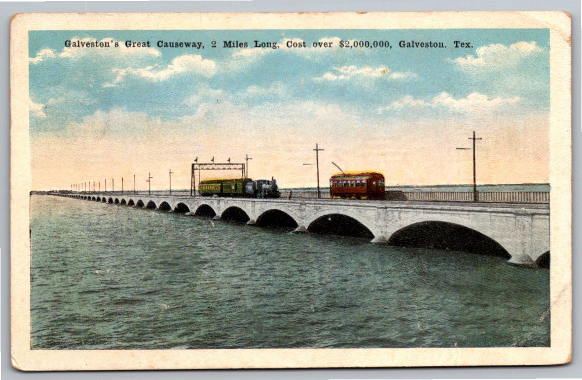1917 Galveston Causeway Texas Steam Train & Trolley Vintage