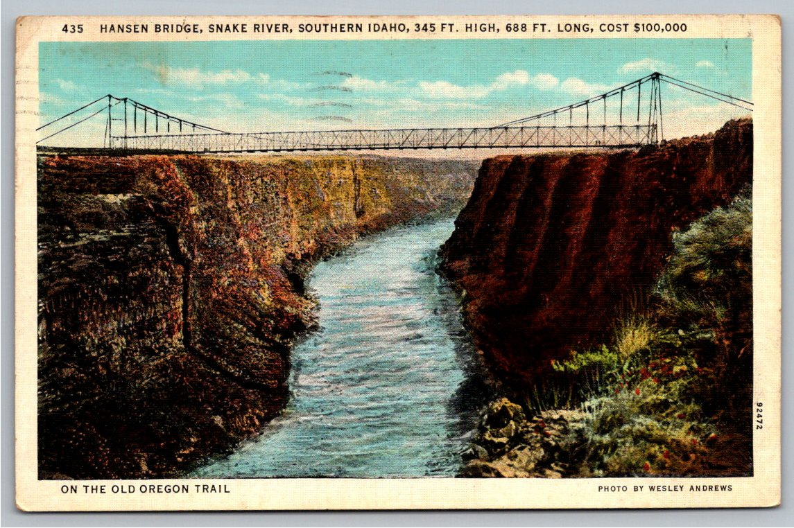 Vintage 1936 Hansen Bridge Postcard: Snake River Twin Falls Idaho