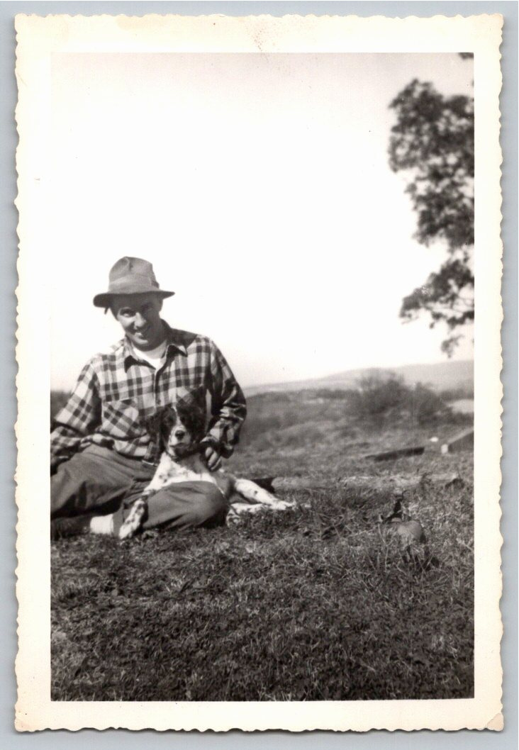 Vintage 1950s B&W Snapshot: Outdoorsman in Plaid with Hunting Dog