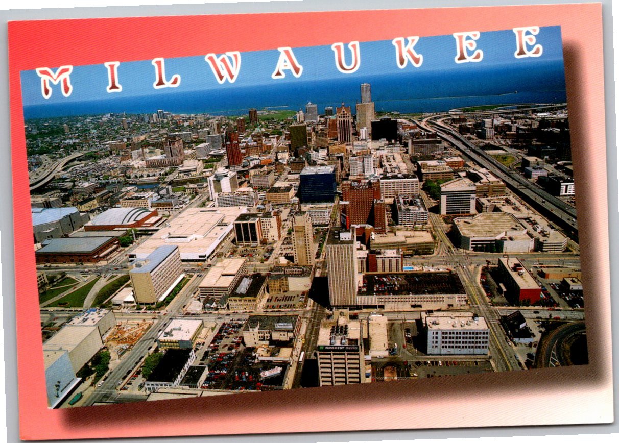 Vintage Milwaukee Wisconsin Skyline Aerial Postcard by John - Angle / View 3