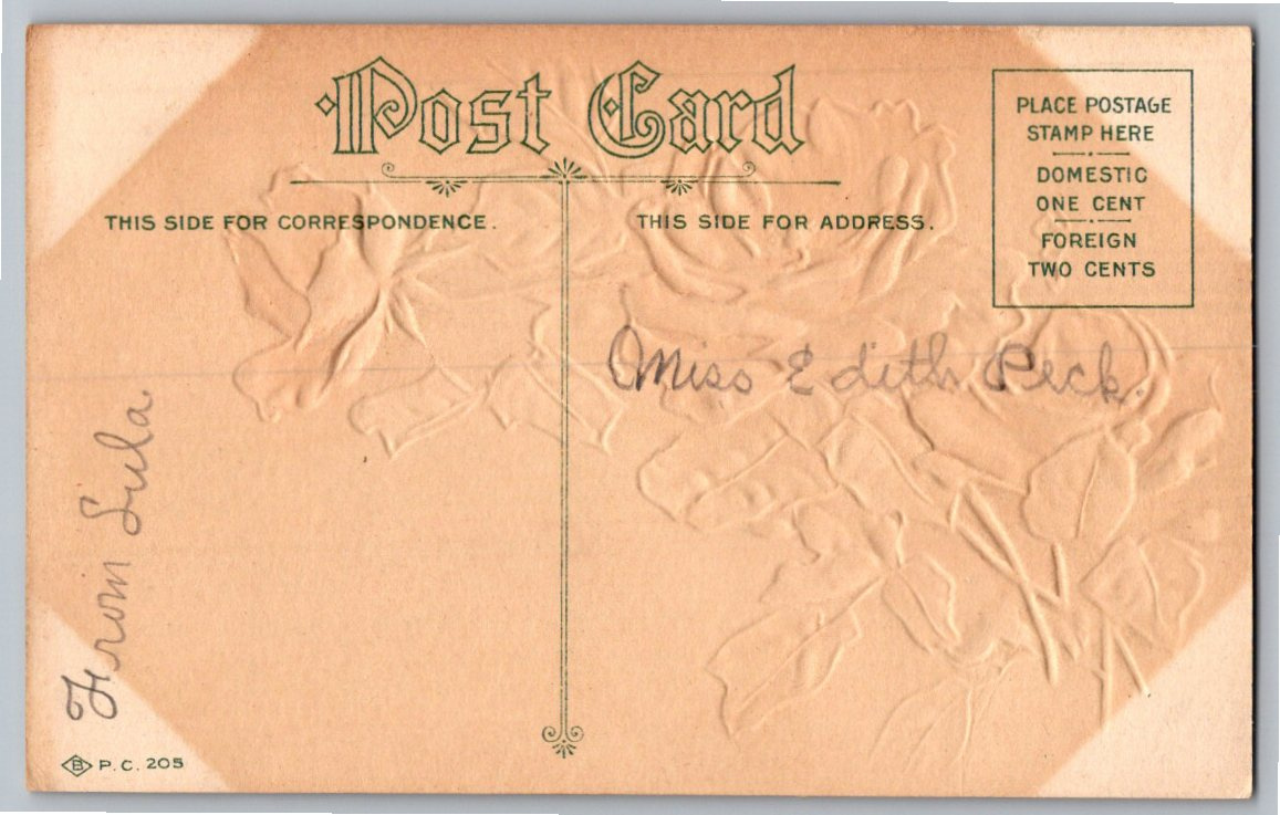Antique 1910s Embossed Red Roses Floral Birthday Greetings - Back / Reverse View