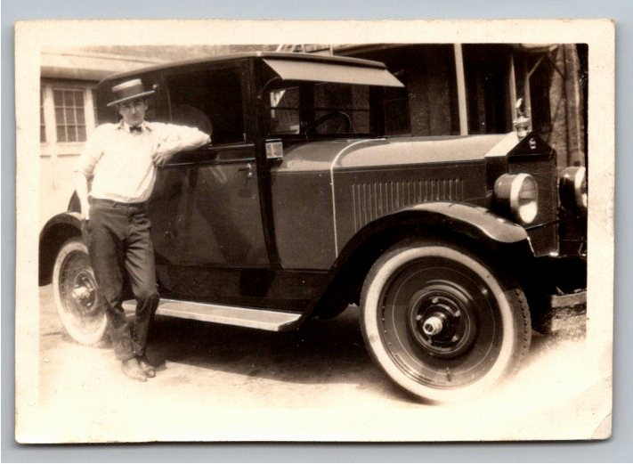 Vintage 1920s Photo: Dapper Man in Boater Hat with Classic Coupe