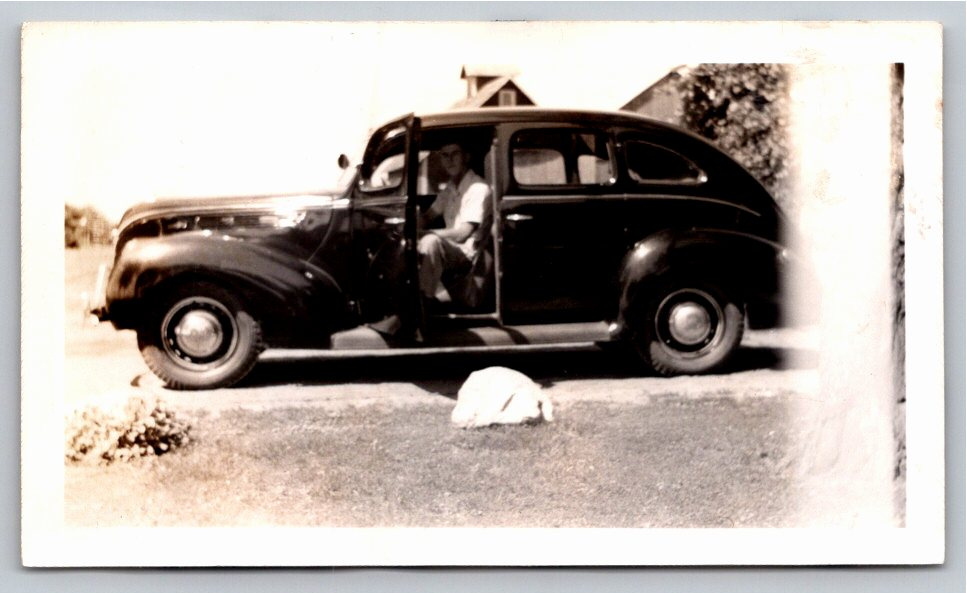 1930s Vintage Sedan B&W Snapshot: Driver & Sleeping White Dog