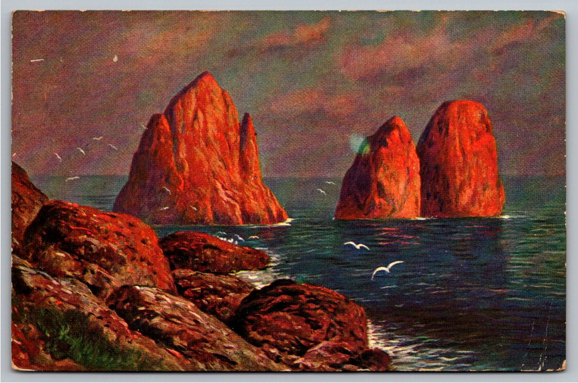 Vintage 1909 Illuminated Sea Stacks & Seagulls Sunset Postcard