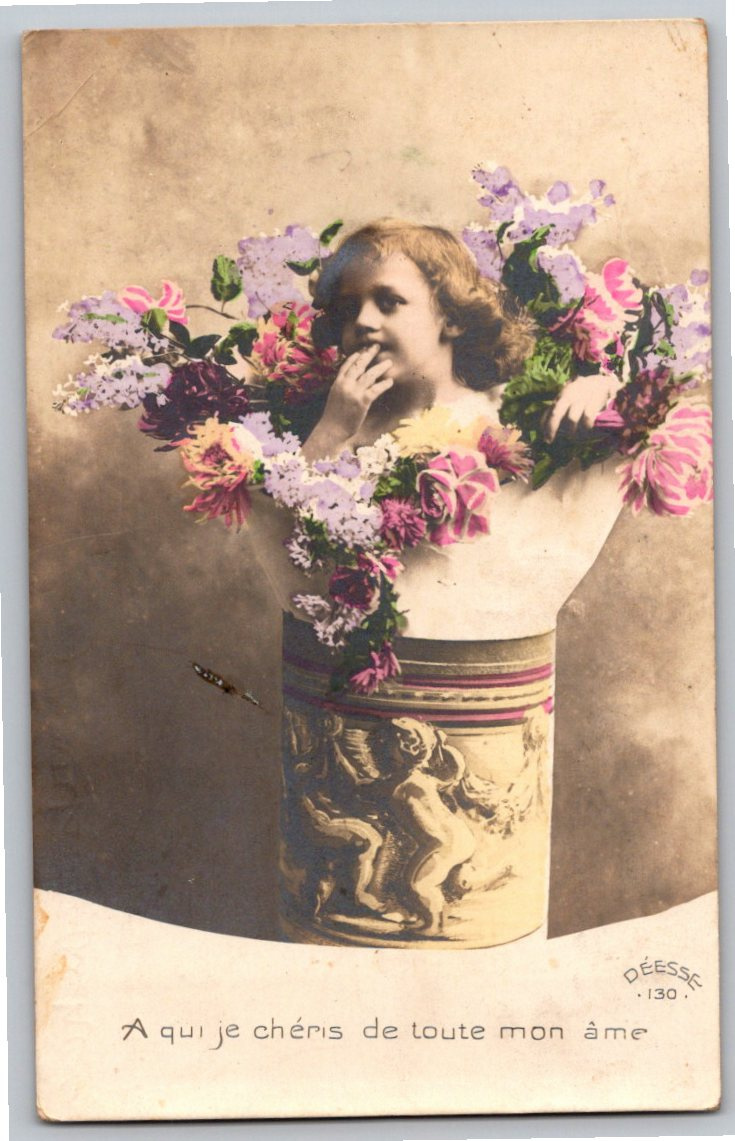 WWI AEF Soldier Mail Postcard: French Floral Tinted Real Photo