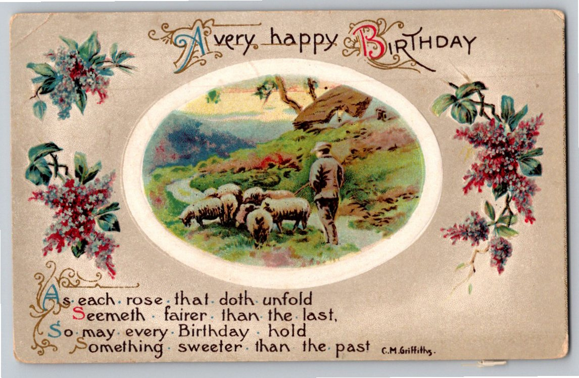 Vintage 1913 Pastoral Birthday Postcard: Shepherd, Sheep & Lilacs