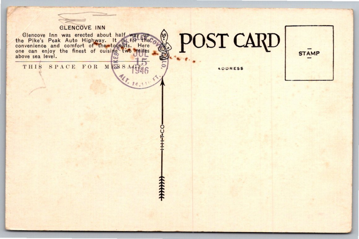 1946 Glencove Inn Postcard: Pikes Peak Auto Highway, Colorado - Back / Reverse View