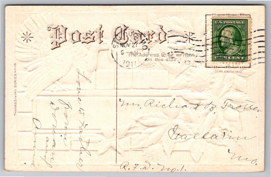 Antique 1910 Embossed Thanksgiving Postcard: Turkey & Autumn - Back / Reverse View