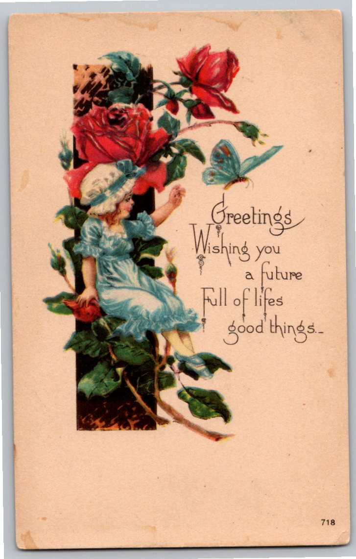 1925 Art Deco Vintage Postcard: Young Girl in Blue Dress & Red