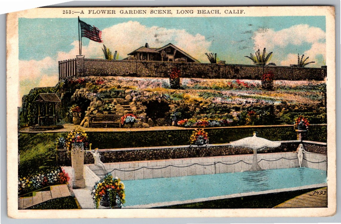 Vintage 1930 Long Beach Flower Garden & Swimming Pool Postcard