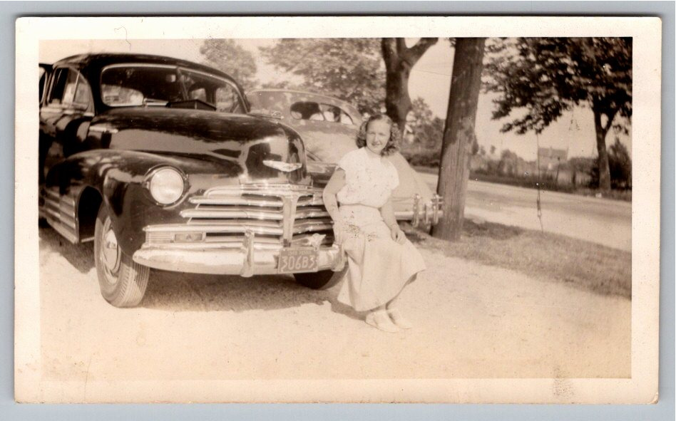 Vintage 1948 Chevrolet Sedan & Woman Pennsylvania Snapshot Photo