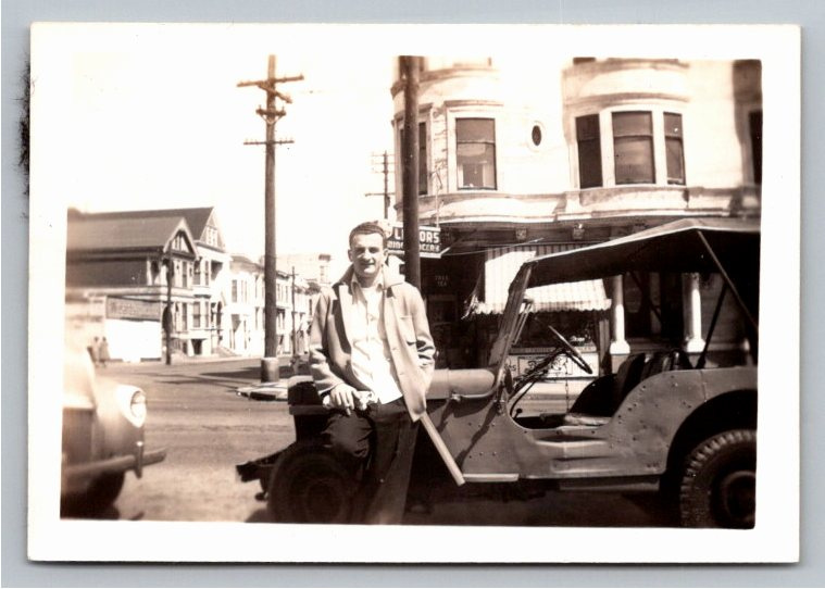 Vintage 1940s Willys MB Military Jeep Snapshot Photo Urban Scene