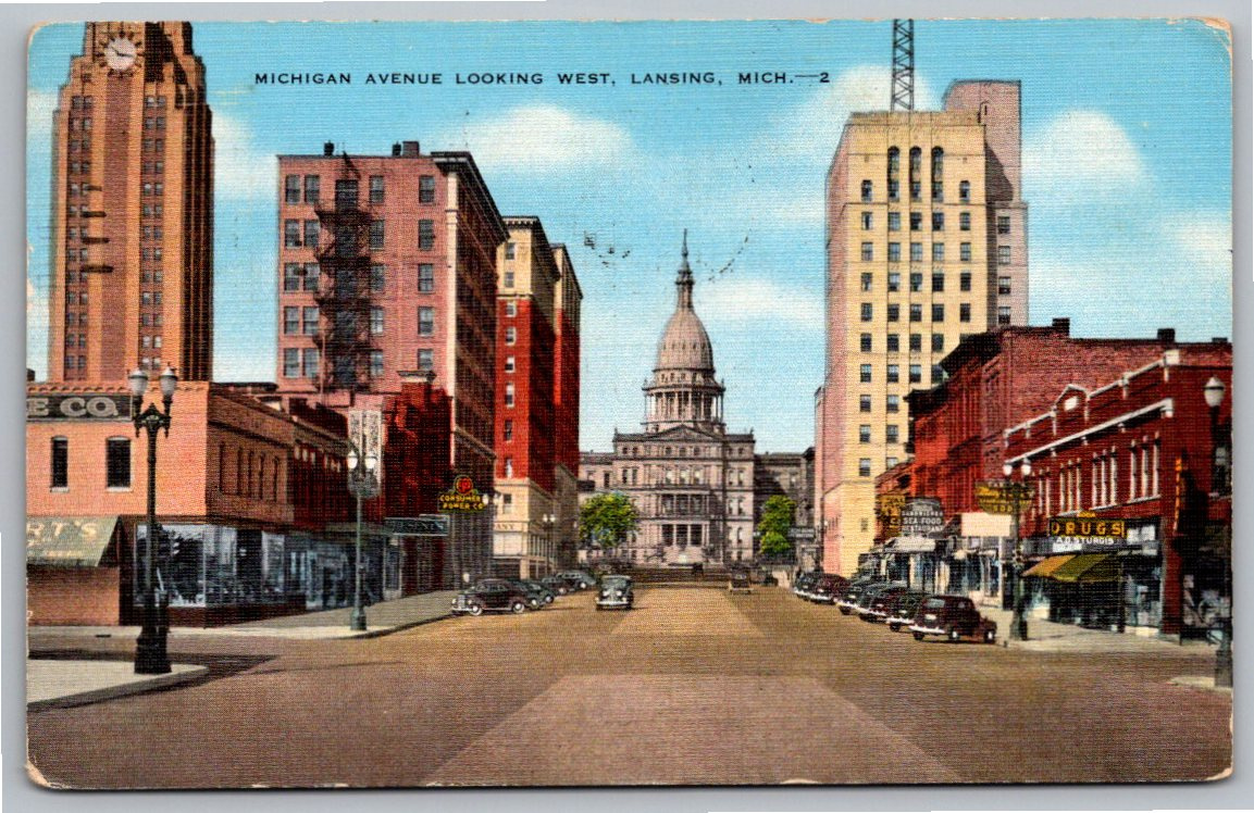 Vintage Lansing Michigan Capitol & Michigan Ave Linen Postcard