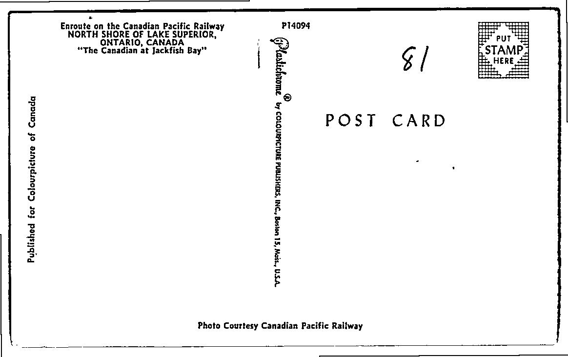 Vintage CPR Postcard: The Canadian Train at Jackfish Bay, Ontario - Back / Reverse View