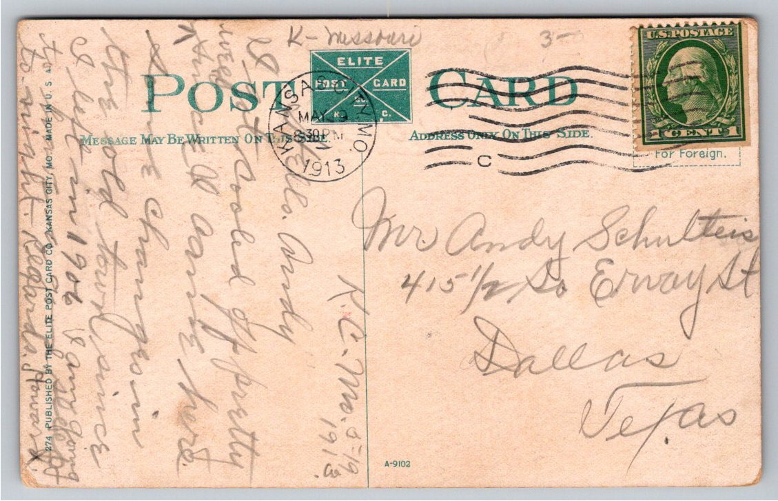 1913 Kansas City Streetcar Postcard 300 Block East 12th Street MO - Back / Reverse View