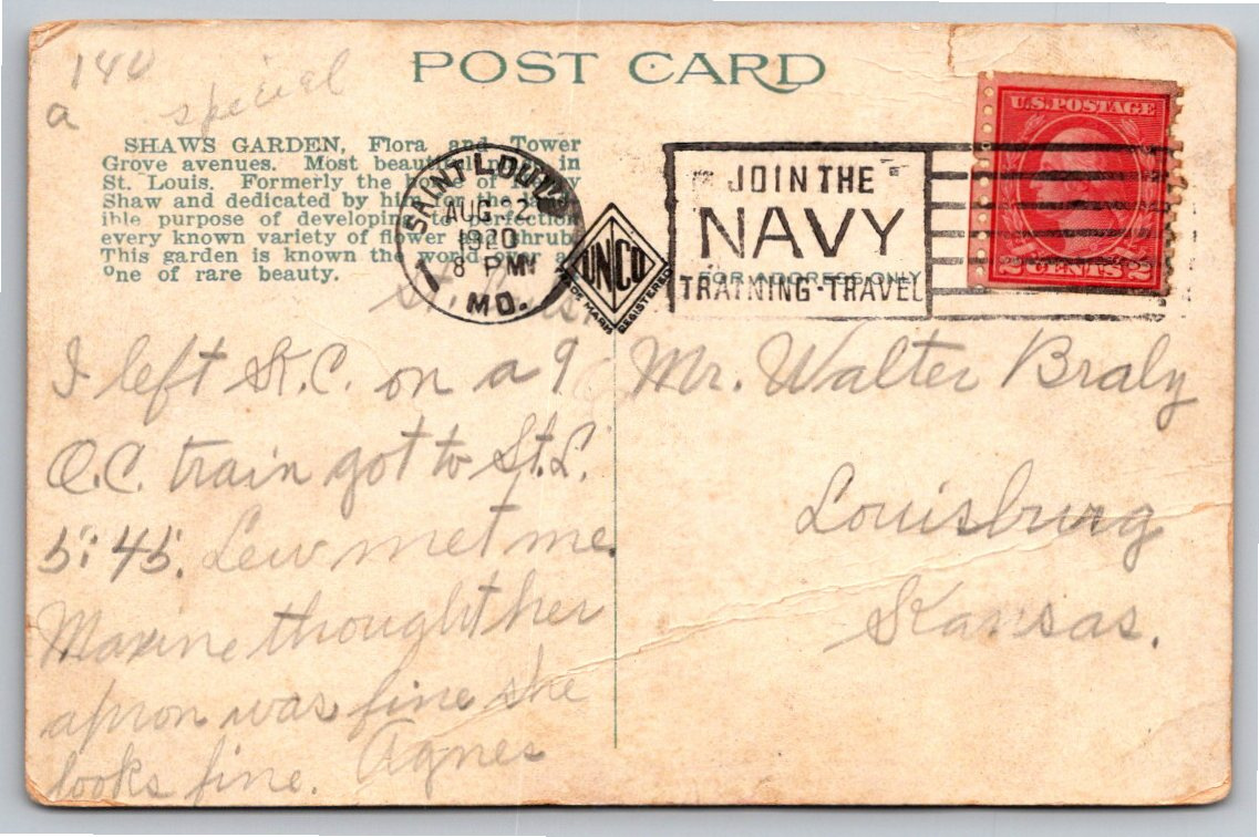 1920 Shaws Garden Floral Display House St. Louis Vintage - Back / Reverse View