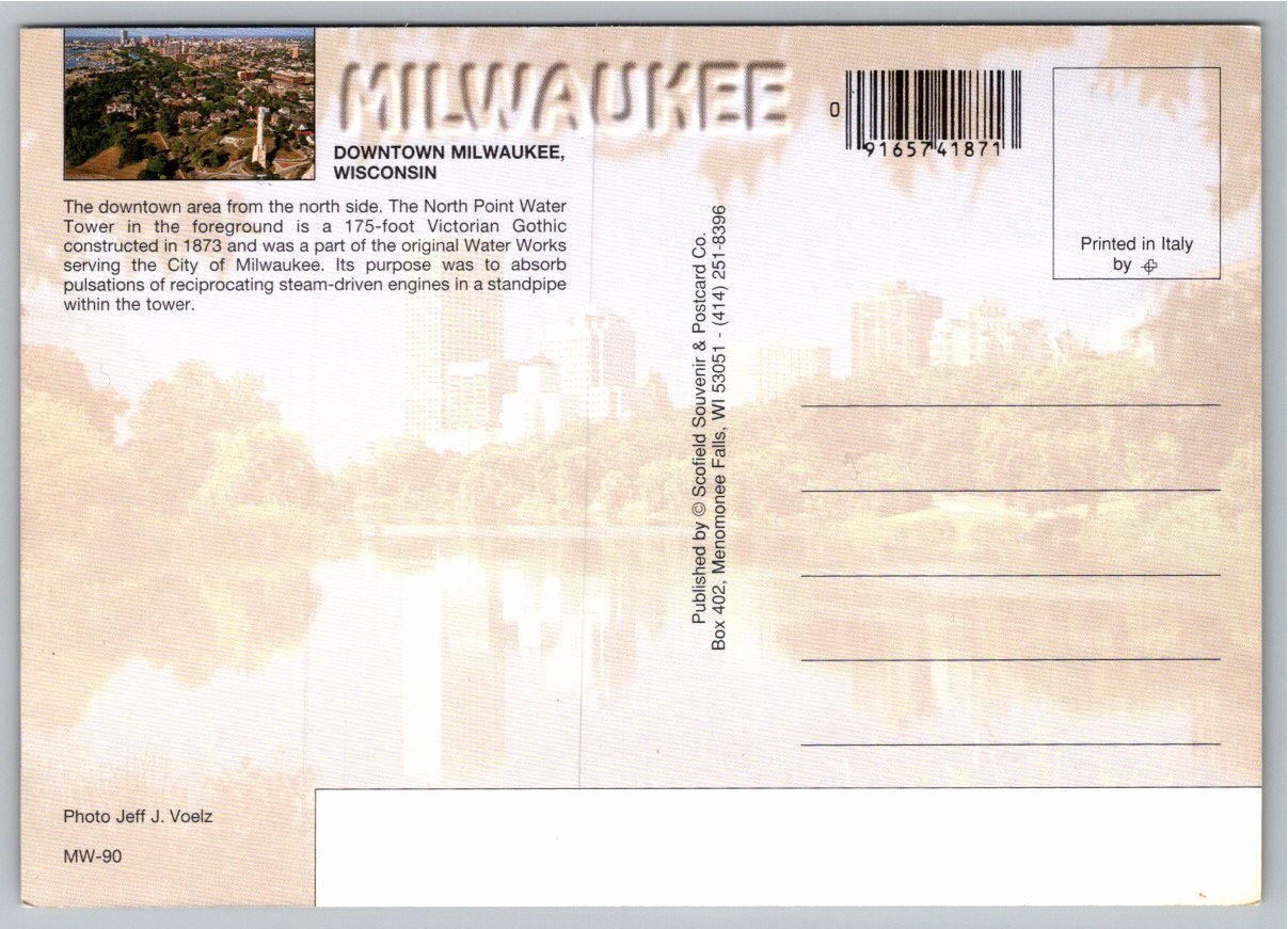 Vintage Milwaukee, Wisconsin Aerial View & Water Tower Postcard - Angle / View 2