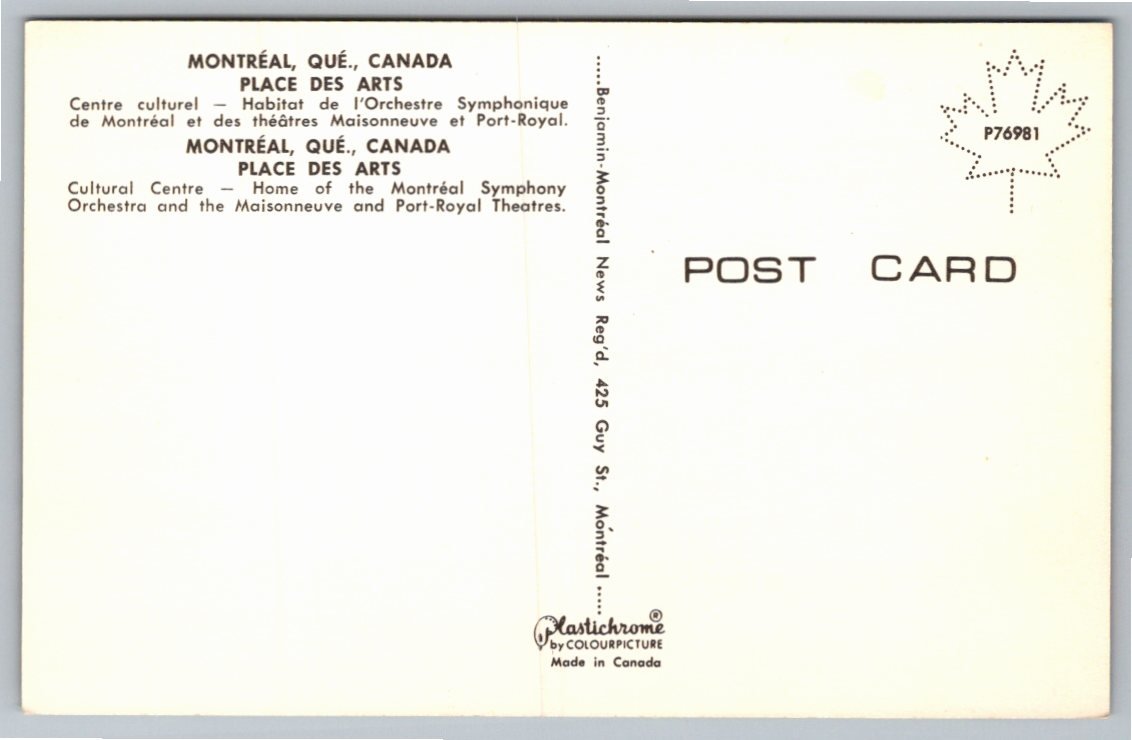 Vintage Montreal Place des Arts Postcard | 1960s Mid-Century - Back / Reverse View